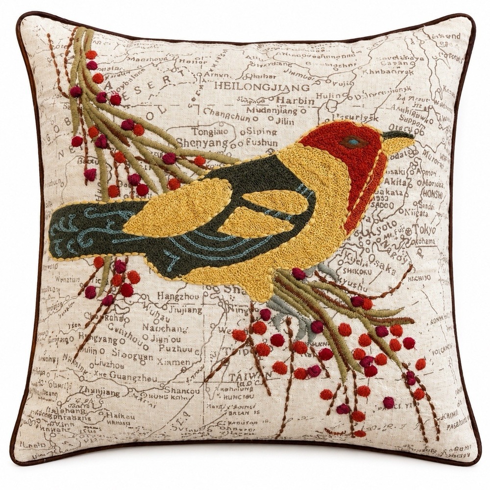 Embroidered Bird Throw Pillow 16x16 Map Botanical Cotton Linen Accent Decor